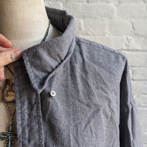 Y2K Vintage Oversize Minimalist Grey Flannel Boyfriend Light Academia Grunge Top - Picture 4 of 7